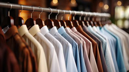 Poster - Close-up of casual men's shirts hanging on wooden hangers.