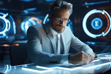 Aufkleber - A elegant man works in high tech computer as CEO in a futuristic and light workspace.