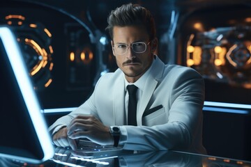 Aufkleber - A elegant man works in high tech computer as CEO in a futuristic and light workspace.