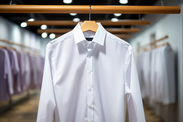 Wall Mural - White men shirt hanging on hangers.