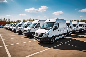 Poster - Row of white cargo vans ready for dispatch at warehouse.
