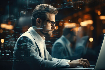 Poster - Double exposure Businessman working on a virtual screen.