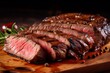 Juicy Angus steak or sirloin steak grilled over hot coals, sliced rare on a wooden board. Generative AI