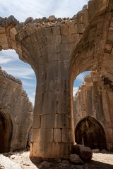 Wall Mural - A stone column supports dilapidated ceiling in watchtower in medieval fortress of Nimrod - Qalaat al-Subeiba, located near the border with Syria and Lebanon in the Golan Heights, in northern Israel