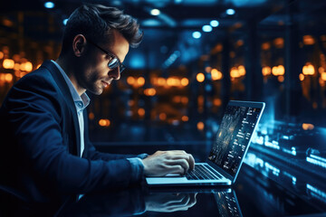 Aufkleber - A young male engineer using his laptop in a server room, Digital world in male professional hands.