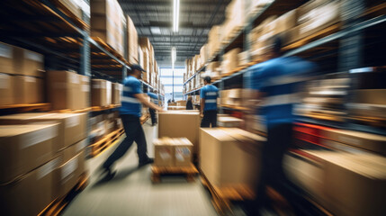 Warehouse workers working in a large warehouse. Intentional motion blur