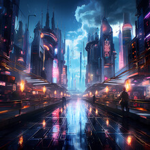 A Futuristic City With Holographic Street Art.