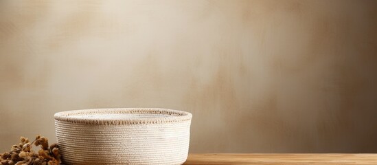 Sticker - White linen decorated straw basket on wooden table, used for food advertisement. Container.