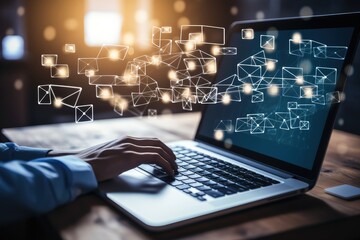 Aufkleber - Send Email, Freelancer hand using computer laptop and sending online message with email icon, Email marketing concept.