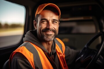 Poster - Portrait of a delivery driver on a highway.