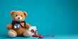 gray teddy bear and black medical stethoscope on a blue background, Cute Gray Teddy Bear with Black Stethoscope on a Blue Background