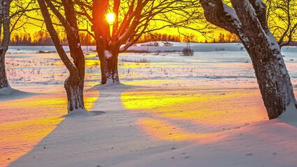 Wall Mural - A Time Lapse Shot Of The Sunset Making The Golden Hour In The Clear White Snow