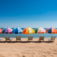 Wall Mural - A row of colorful beach umbrellas on a sandy shore.