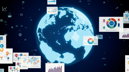 Sticker - Planet earth and statistics charts. Global economy.