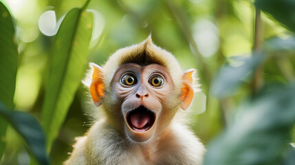 Wall Mural - Surprised funny monkey with opened mouth. AI Generative.