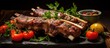 Lamb ribs grilled with fresh vegetables and mint.