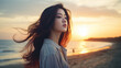 Portrait of a young South Korean woman looking up at the sky, against the backdrop of sunset on the asian beach, showing nostalgia and some kind of sadness in her expression , copy space
