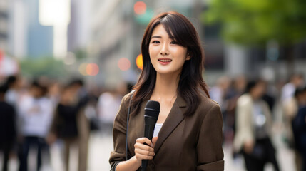 Asian female television correspondent , the journalist woman face and body look straight and confident to deliver news, against the backdrop of a asian city urban area, holding microphone