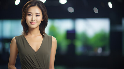 Asian female television news presenter against the backdrop of the tv news studio, woman look professional with copy space