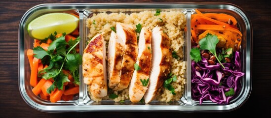 Wall Mural - Quinoa, chicken, and cole slaw in healthy meal prep containers.