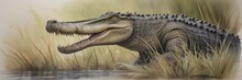 Watercolor Painting Of A Crocodile In The Grass