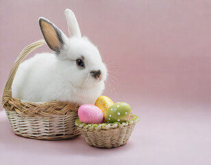 Wall Mural - A cute Easter bunny rabbit in a basket filled with colourful Easter Eggs