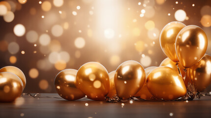 Wall Mural - Celebration party banner with gold balloons and bokeh light background