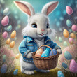 An Easter bunny rabbit holding a basket filled with colourful Easter Eggs