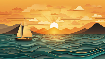 Illustration of sea view and sunset in the evening . 