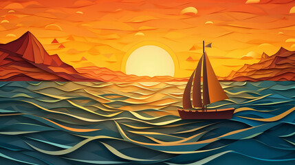 Illustration of sea view and sunset in the evening . 