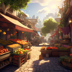 Wall Mural - a vibrant marketplace with stalls of fresh produce