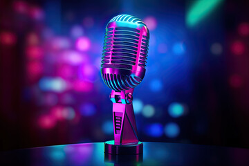 a microphone with colorful lights and a stage background. retro style microphone