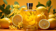 Citrus lemon perfume fragrance bottle on top of ripe yellow lemons.Macro.AI Generative.