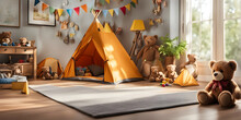 Children's Bedroom In The Morning With Toys, Teddy Bear And A Tent.