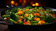 Frying pan with various healthy vegetables on dark background.Macro.AI Generative