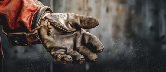  In the background of an old grunge home, a workers hand grasps a leather safety glove, ready to tackle construction work in a white concept of metal and industry, mindful of the fire hazards.