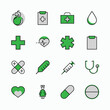 Set of Medicine vector line icons. It contains the first aid kit, nurse, syringe, thermometer, plastic, pills, heart, drop of blood, palpitation and much more. Editable Stroke. 32x32 pixels.