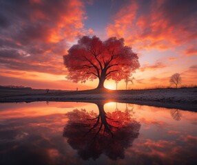 Poster - A tree with a red heart on it is reflected in a puddle. Generative AI.