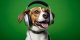 Fototapeta  - A Dog wearing headphones against A green background 