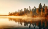 Fototapeta  - A Serene Lake Shrouded in Misty Forest