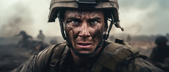 Wall Mural - Soldier with camouflage face paint in military gear during combat. Strength and bravery.