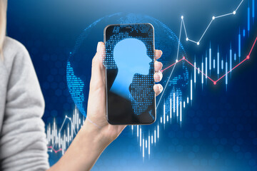 Aufkleber - Close up of female hand holding cellphone with abstract glowing forex chart and human head outline on blue background. AI, big data, trade and human mind concept.