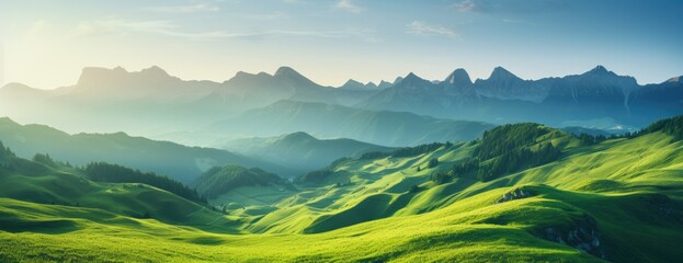 lush green valleys and majestic mountain ranges bathed in morning light create a breathtaking landsc