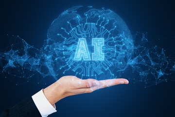 Poster - AI concept with digital icon floating above hand, indicating advanced technology and smart business