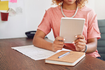 Poster - Hands, notebook or designer with tablet for research, technology or analysis online on website. News, email or closeup of woman working on iot or digital update on internet or app in startup office