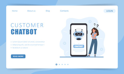 Wall Mural - customer chatbot concept. landing page template. woman talking with robot. ai assistant. girl asking