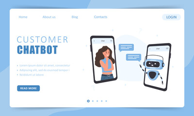 Wall Mural - customer chatbot concept. landing page template. woman talking with robot. ai assistant. girl asking