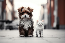 Homeless Sad Kitten And Dog Sitting On A Street. Stray Street Animals Roaming In A Residential Area.