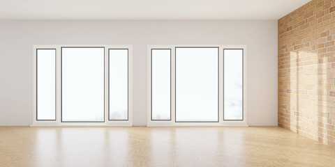 Poster - An Empty Room with Three Windows and a Brick Wall 3d render illustration