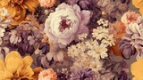 Fototapeta Kwiaty - Vintage botanical flower seamless wallpaper, vintage pattern for floral print digital background, texture, yellow, purple